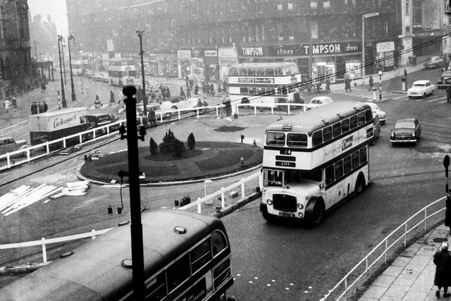 It was 'buses only' from late 1960 and, with the trams gone, Sheffield Corporation experimented with a temporary roundabout in Town Hall Square