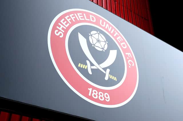 SHEFFIELD, ENGLAND - MAY 23: A general view of the Sheffield United club badge outside the stadium prior to the Premier League match between Sheffield United and Burnley at Bramall Lane on May 23, 2021 in Sheffield, England.  (Photo by George Wood/Getty Images)