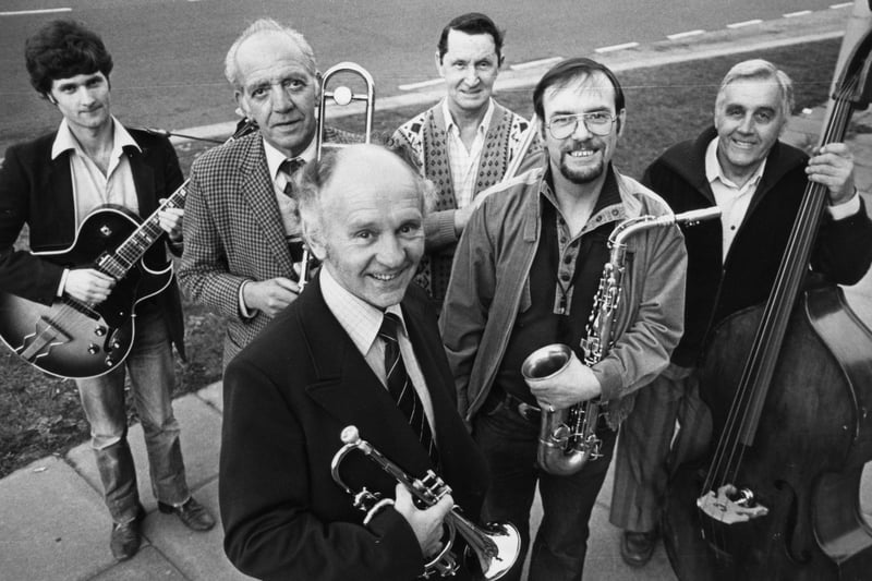The Vintage Jazzmen in May 1982. Pictured are trumpet player Fred Row at the front with, left to right: John Ross, guitar; Bill Anderson, trombone; Eddie Jessop, drums; Jim Ruddick, reeds; George Johnson, bass.