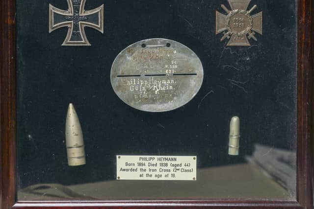 Philipp Heymann's Iron Cross, identification badge, bullet and shrapnel.