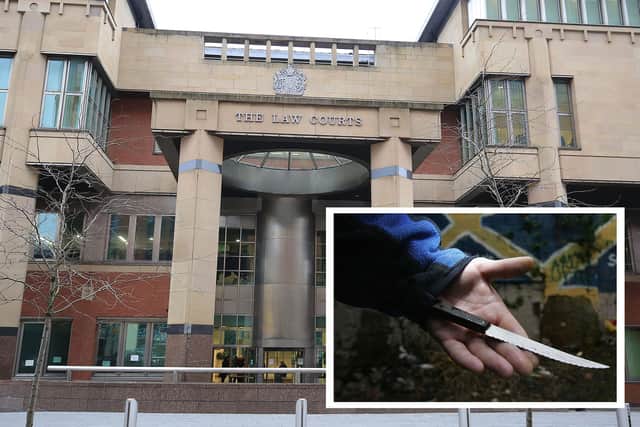 Sheffield Crown Court, pictured, has heard how a Sheffield man has been jailed after he hid incriminating clothes and a CCTV system linked to a stabbing suspect. Also pictured is an example of a knife.