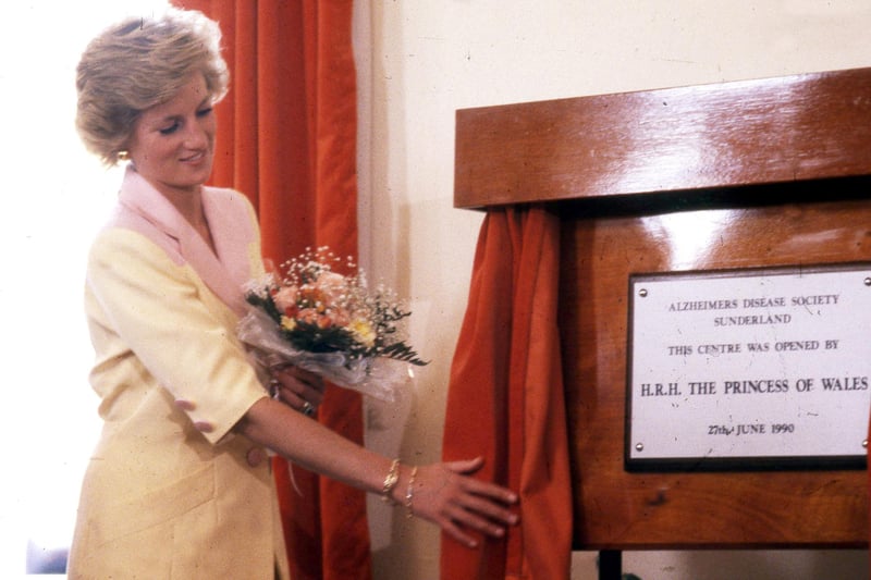 Princess Diana unveiling the plaque to open the new Alzheimers day centre at Havelock Hospital, Sunderland in June 1990.