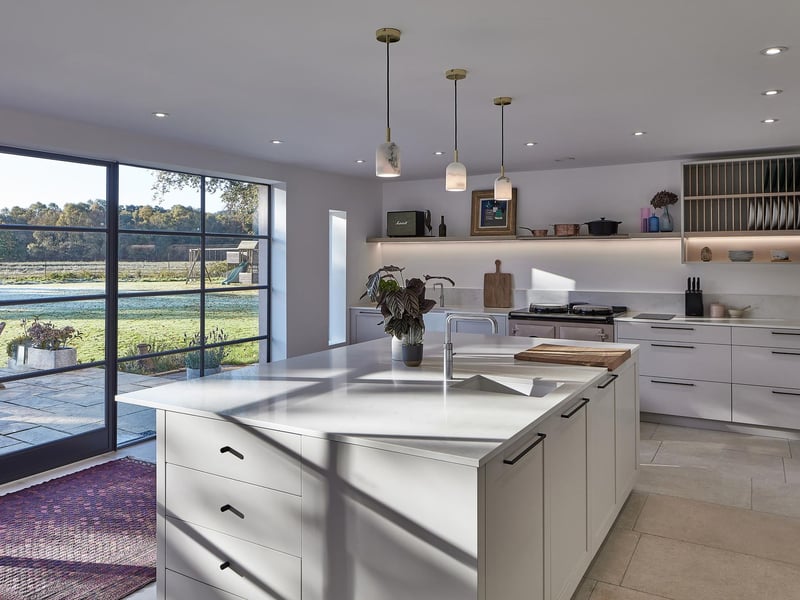The impressive kitchen in The Moss which prompted Anna Campbell-Jones to comment on how much she loved the “balance between clean and contemporary and luxury”.