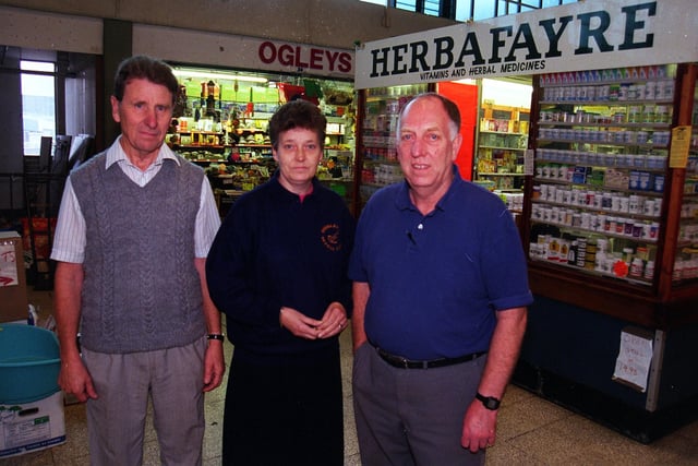 MARKETSEC Sheaf Market Traders, Ted Starkey (Ogleys Pet Store), Jean Knight (Hebafayre) and Newsagent Ken Breeze  back in 1998