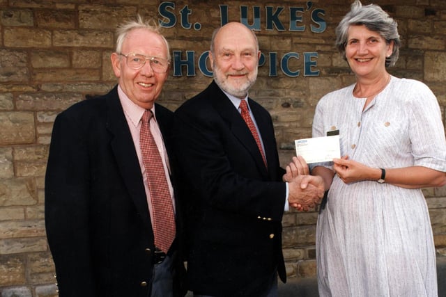 Worshipful Brother Peter Varley and Worshipful Brother Robert Towle presented a cheque of £800 on behalf of Yorkshire West Riding sponsored by Pathfinder Lodge Sheffield to Margaret Carradice the Matron of St. Luke's Hospice in 1999