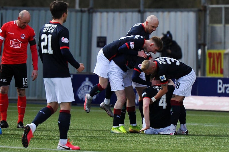 Falkirk players celebrating Ben Hall's opening goal against Clyde this afternoon (Picture: Michael Gillen)