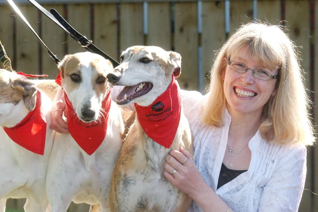 Lorraine Cawley was pictured in 2007 with three blood donor greyhounds, Seamus, Lance and Stanley.