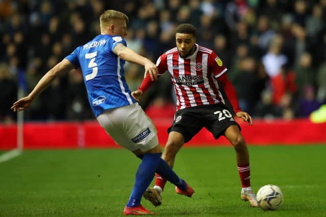 Matchwinner Jayden Bogle of Sheffield United in action during the Sky Bet Championship match at St Andrew's: Simon Bellis / Sportimage
