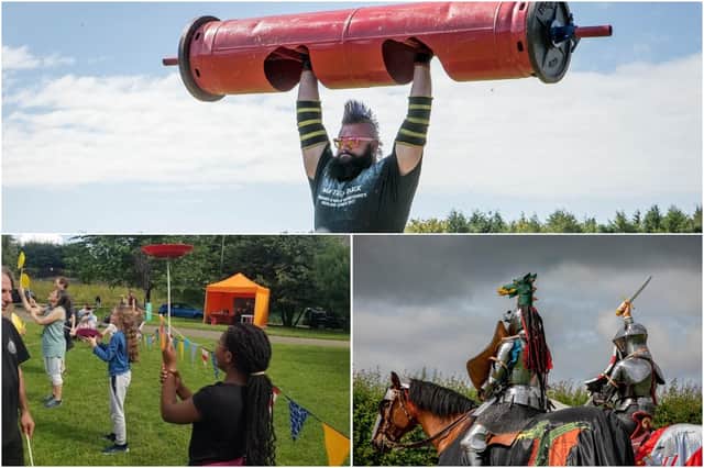 Peak District Highland Games at Matlock Farm Park, jousting tournament at Bolsover Castle (photo by Chris Boulton) and circus skills workshop in New Square, Chesterfield, are pictured clockwise from top.