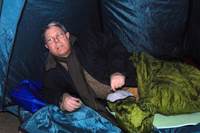 Mansfield MP Alan Meale settles down for the night for The Big Snore, St. Mark's Church, Mansfield 2011