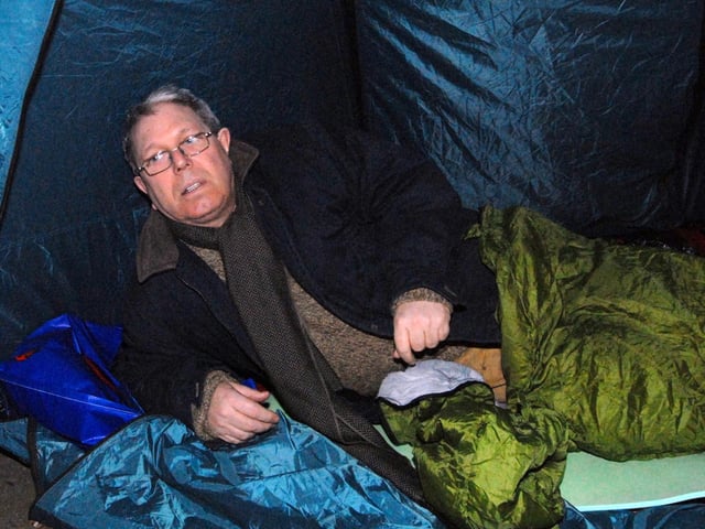 Mansfield MP Alan Meale settles down for the night for The Big Snore, St. Mark's Church, Mansfield 2011