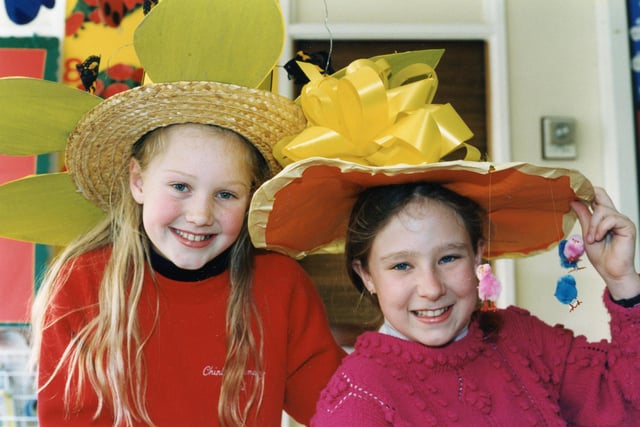 Buxton Advertiser archive, 1997, easter bonnets at Chinley Primary, Hannah Pendry and Rebecca Jack