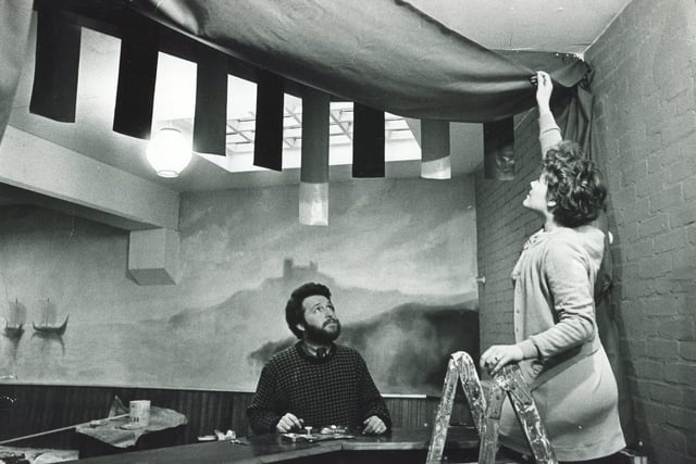 Staff prepare for opening night at the Merlin Theatre, Tintagel House, Nether Edge, Sheffield in March 1969.