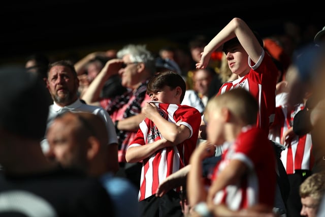 Sheffield United fans in the stands shield their eyes from the sun during the Sky Bet Championship match at Deepdale