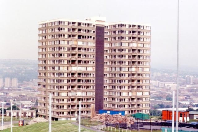 The demolition of the East Bank block of flats on Park Grange Road, Norfolk Park, Sheffield, in 1997