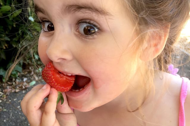 2018 Winner. Tilly Lyons eating strawberries in the park.