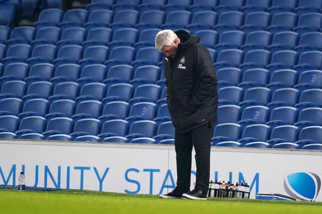 Steve Bruce looks dejected during the Premier League match between Brighton & Hove Albion and Newcastle United at American Express Community Stadium on March 20, 2021