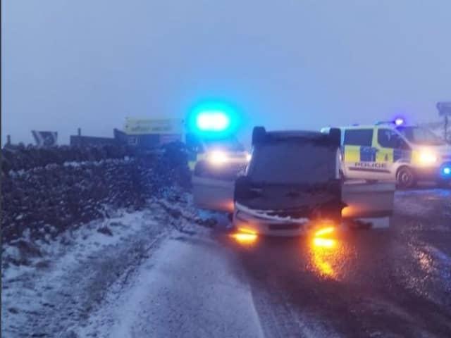 Derbyshire police issue a picture of this crash in Castleton today as motorists were warned of icy roads