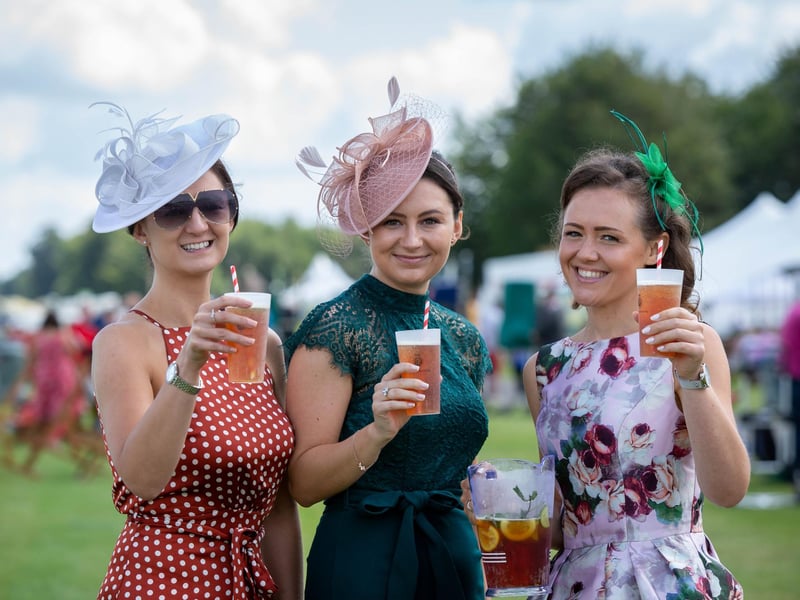 Ladies Day at Qatar Goodwood Festival, Goodwood on 29th July 2021
Pictured:  Kirsty Willis with her sister Amber Willis and 
Emma Cotterill 
Picture: Habibur Rahman