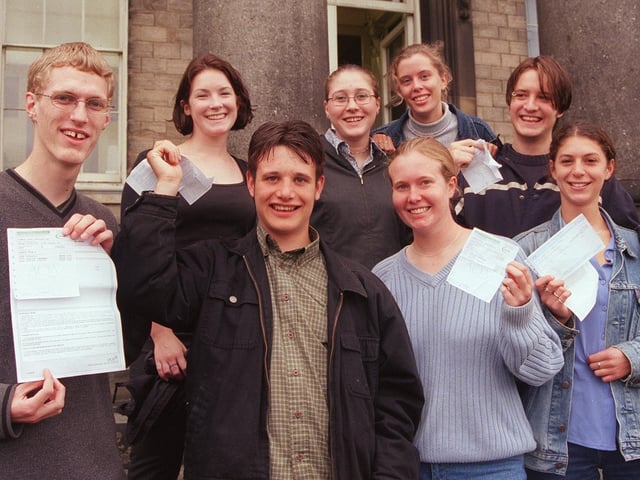 Pictured at King Edward Vll School, Sheffield, on A level results day are (front row) Mark Senior, Ian Sudbery, Kate Bellamy, and Katy Schatzberger, and (back row) Eleanor Williamson, Alys Walton, Anne Bowers, and Ceris Owen.