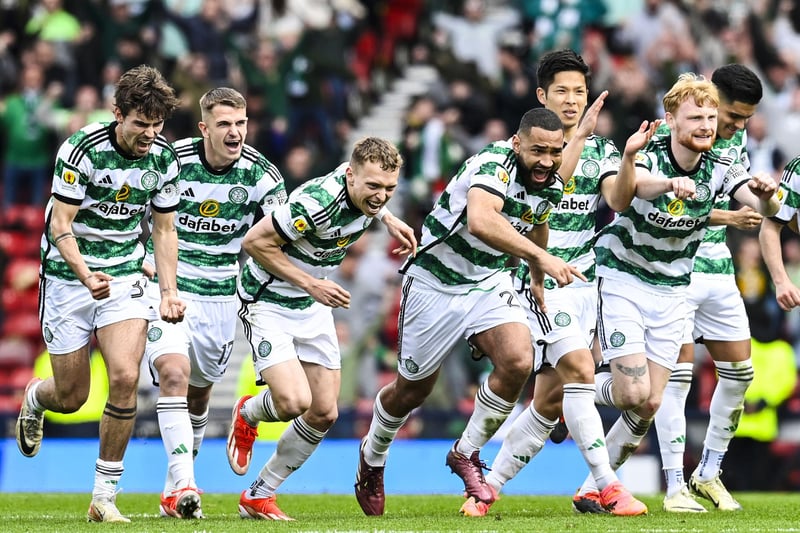 Celtic's Matt O'Riley, Maik Nawrocki, Alistair Johnston, Cameron Carter-Vickers, Tomoki Iwata and Liam Scales celebrate at full time after penalty joy was confirmed.