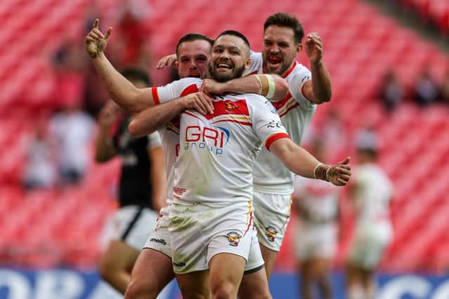 Corey Makelim celebrates scoring a try during the 1895 Cup Final at Wembley. Photo: Paul Harding/PA Wire