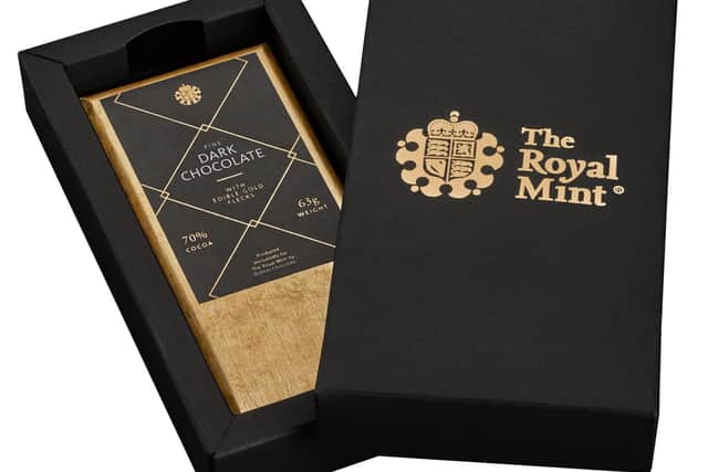 Bullion's dark chocolate bar for The Royal Mint, in its gift box. Picture: Bullion/The Royal Mint.