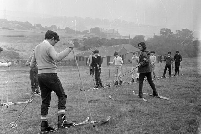 Senior pupils of Edinburgh Corporation schools get to grips with their ski equipment in October 1964.