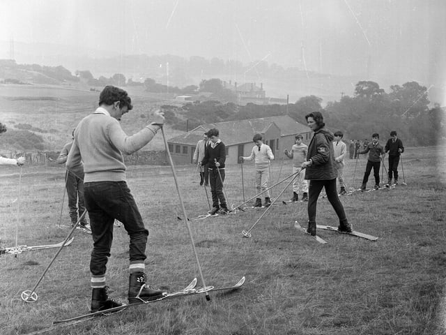 Senior pupils of Edinburgh Corporation schools get to grips with their ski equipment in October 1964.