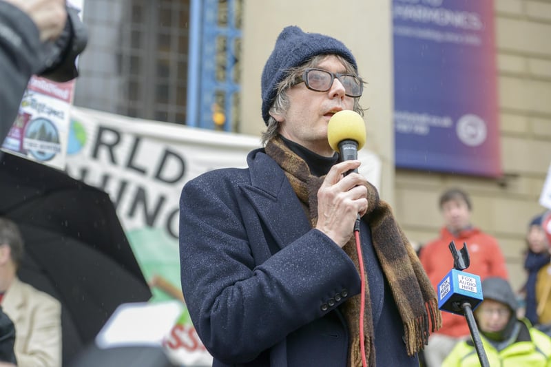 Pulp frontman Jarvis Cocker speaking at a mass protest and march in Sheffield in March 2018 against the city council and contractors Amey felling trees in the city
