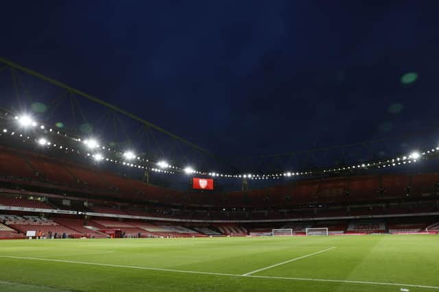 LONDON, ENGLAND - DECEMBER 26: General view inside the stadium prior to the Premier League match between Arsenal and Chelsea at Emirates Stadium on December 26, 2020 in London, England. The match will be played without fans, behind closed doors as a Covid-19 precaution. (Photo by Adrian Dennis - Pool/Getty Images)