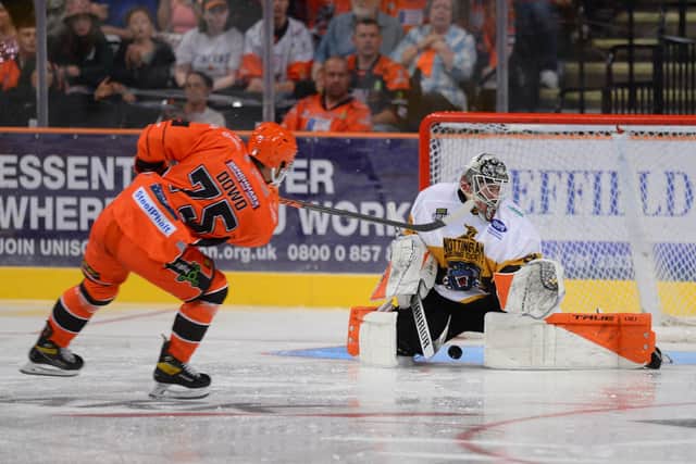 Robert Dowd scores the winner on Sunday against Nottingham Panthers