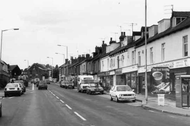 Shops on Abbeydale Road, Sheffield, at the junction with Wolseley Road, in June 1997