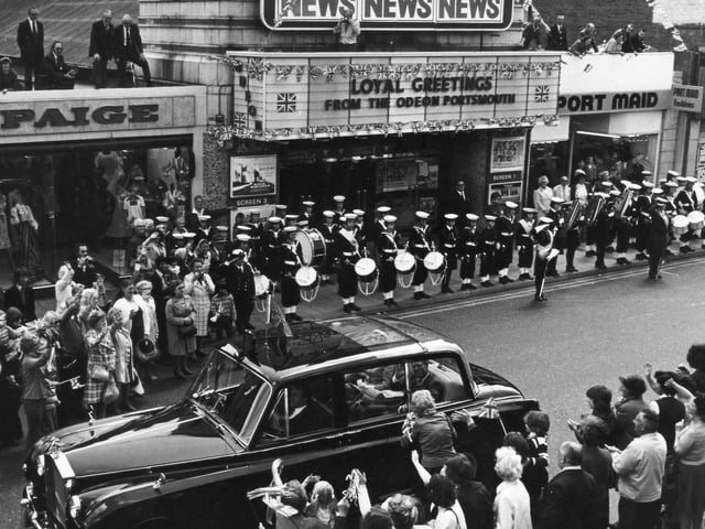 Outside the Odeon, North End, Portsmouth, during the Queen's visit for the Fleet Review in June 1977