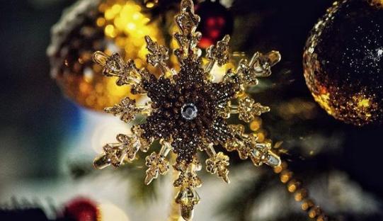 A sparkly decoration hanging on a tree. By @heatherwatsonphotography