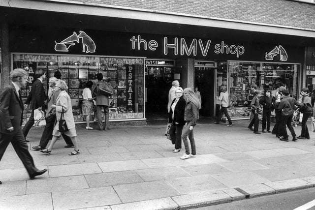 The exterior of the HMV record shop on Pinstone Street, Sheffield - 23rd July 1982. The chain now has a shop on Fargate
