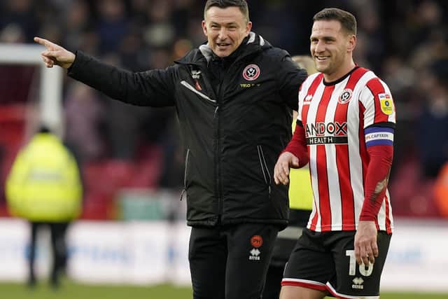 Sheffield United manager Paul Heckingbottom with captain Billy Sharp: Andrew Yates / Sportimage