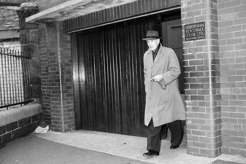 Hibs former manager Hugh Shaw leaves Easter Road in 1961, handing over the reins to Walter Galbraith.