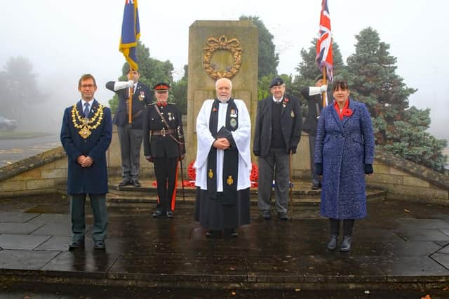 Mansfield's Remembrance Day Service: l-r  Mansfield's Executive Mayor Andy Abrahams, Standard Bearer Dale Smith, MP Ben Bradley, Deputy Lord Lieutenant of Nottinghamshire Colonel Roger Merryweather,  The Reverend Canon Paul Bentley,  Councillor John Smart,  Standard Bearer Keith Kenworthy and Mansfield District Council CEO Hayley Barsby  -- Picture: Melvyn Pearce/Royal British Legion/Mansfield District Council