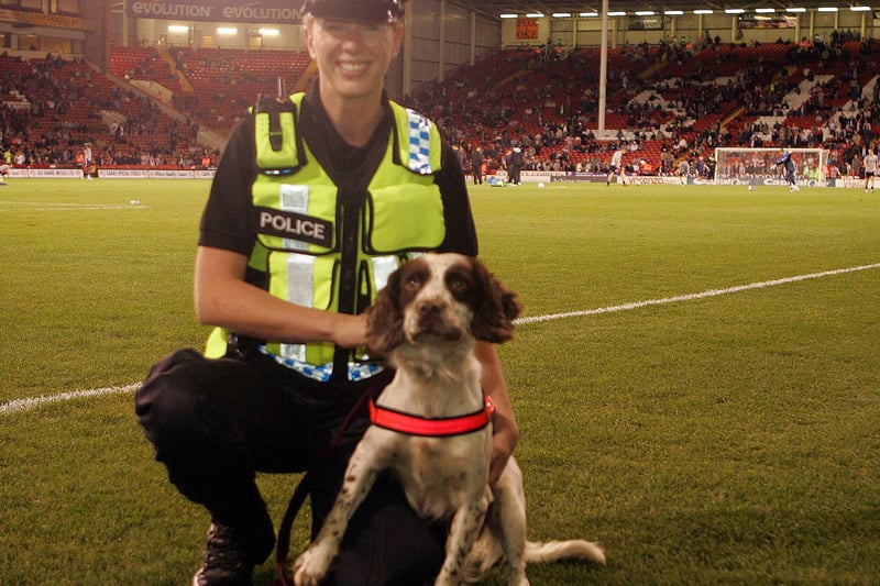 Pictured on on call for the first time at a football match in Sheffield in October 2007 is police sniffer dog Paddy with WPC Jill Willkinson