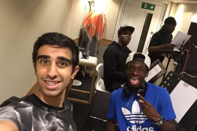 Vikram (left) takes a selfie with (from right) grime music artist JME, and fellow Sidemen members JJ and Tobi