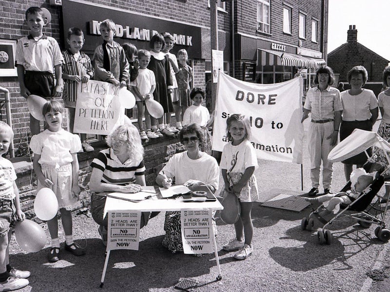 Teachers, parents and children protest against the closure of Dore School, Sheffield, on August 20, 1991