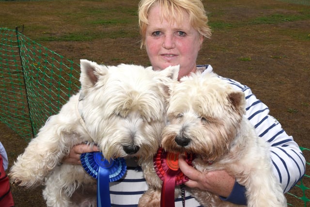 Julie Day with her two dogs Keegan and Tottie at the Sheffield Fayre in 2018