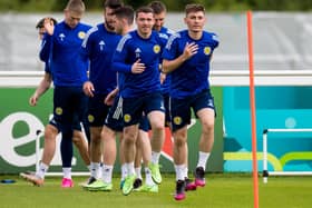DARLINGTON, ENGLAND - JUNE 17: Billy Gilmour and John Fleck during a Scotland training session at Rockliffe Park, on June 17, 2021, in Darlington, England. (Photo by Ross Parker / SNS Group)