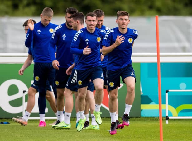 DARLINGTON, ENGLAND - JUNE 17: Billy Gilmour and John Fleck during a Scotland training session at Rockliffe Park, on June 17, 2021, in Darlington, England. (Photo by Ross Parker / SNS Group)