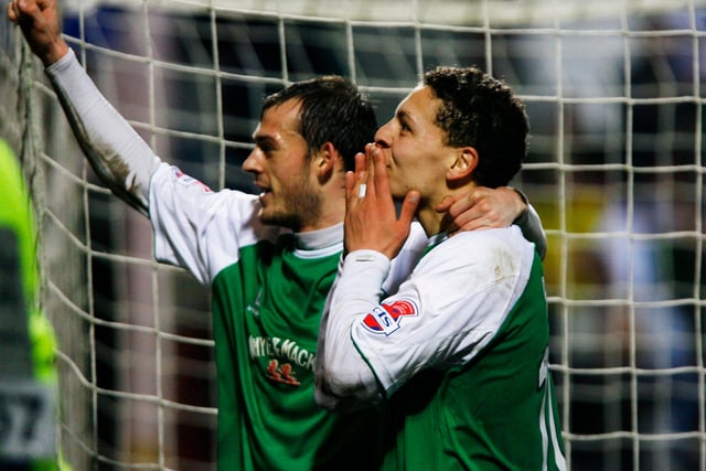 Steven Fletcher first made a name for himself at Hibernian - here he is with Abdessalam Benjelloun celebrating the third goal against St Johnstone in extra time during the CIS Insurance Cup semi final at Tynecastle Park on January 31, 2007  (Photo by Jeff J Mitchell/Getty Images)