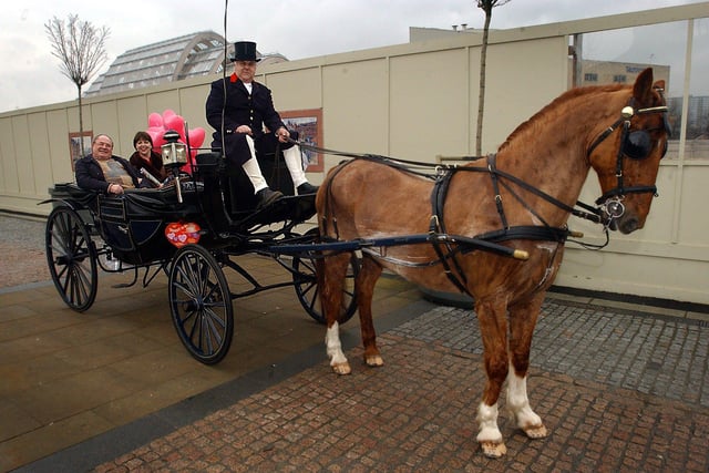 Trusty horse Wilson and his keeper Robin Marrison took Valentine's lovers David Stent and Valerie Jones of Owlthorpe on a jaunt round town in  2004
