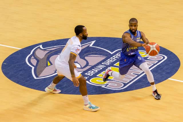 Aaron Anderson in action for Sheffield Sharks against Glasgow Rocks in the BBL Cup.