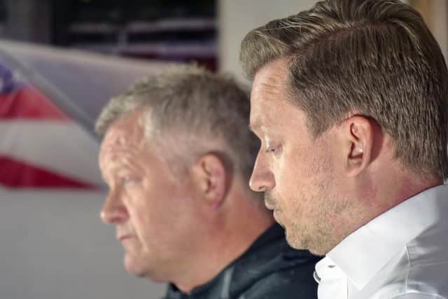 Sheffield United's manager Chris Wilder and chief executive Steve Bettis (right):  Scott Merrylees