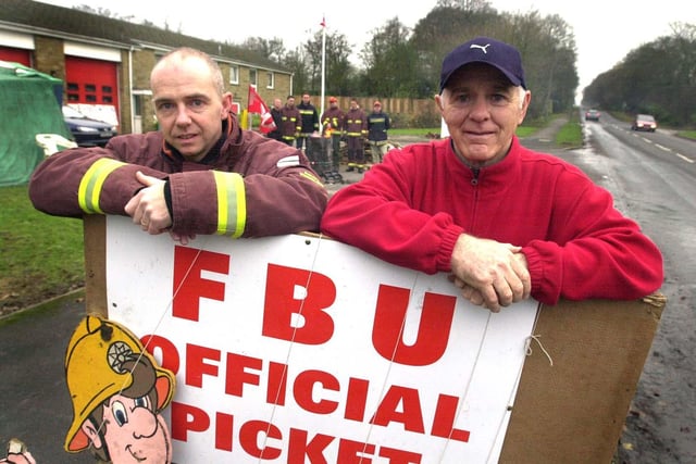 Boxing trainer Brendan Ingle joins his firefighter son Brendan Ingle on the picket line at Ringinglow Fire station, Ringinglow Road, Bents Green, Sheffield in 2002